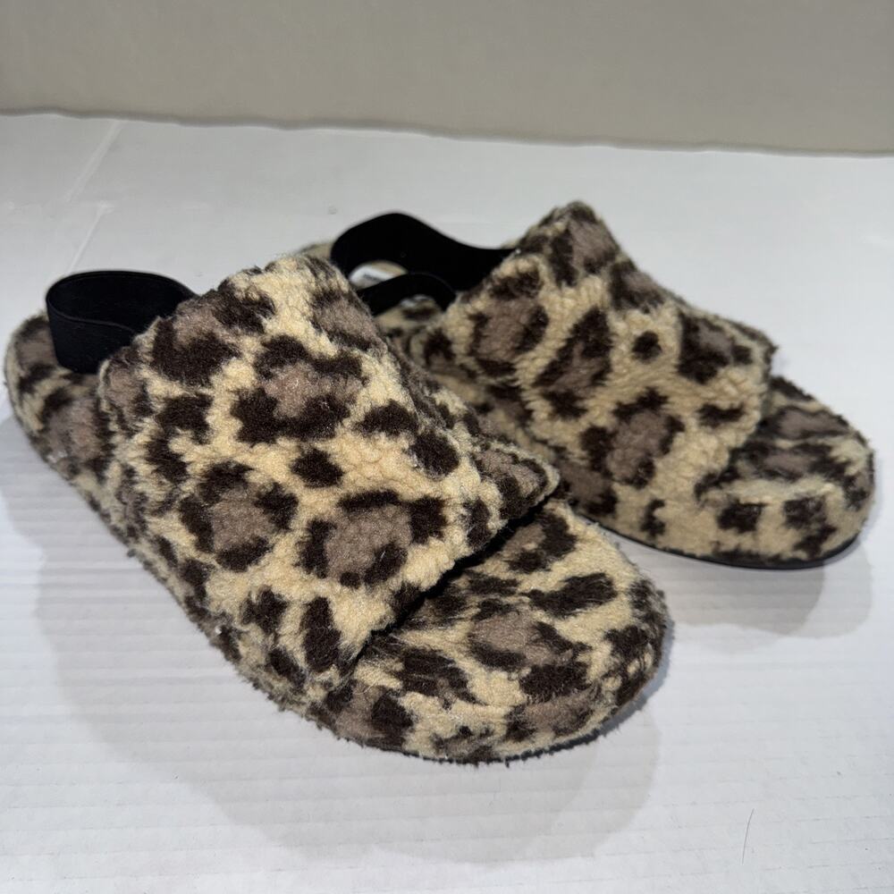 Old Navy Platform Slippers Big Leopard Fluffy Sherpa Open Toe Womens Sz 9